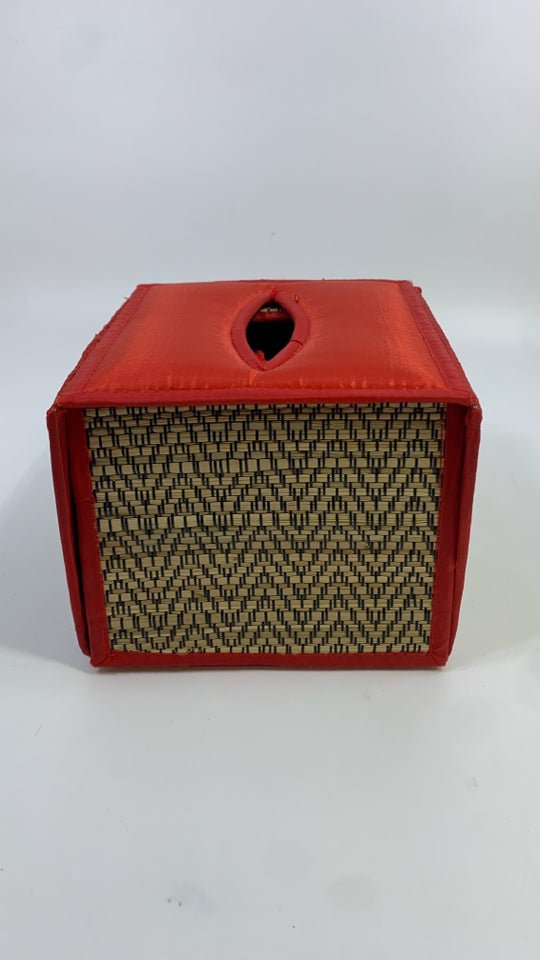 RED FABRIC W/STITCHED ELEPHANTS TISSUE COVER.