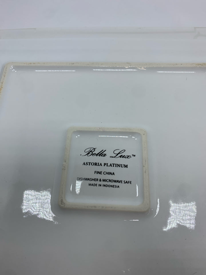 5 BELLA LUX SQUARE DINNER PLATES W/SILVER DAMASK BORDER.