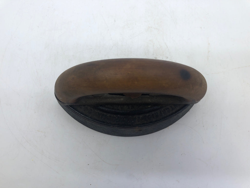 VTG HEAVY SAD IRON W/ WOOD HANDLE DOOR STOP/ IRON.