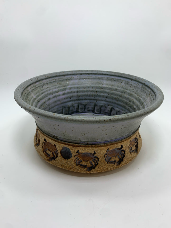 BLUE SPECKLED POTTERY BOWL W/STAMPED CRAB DESIGNS.