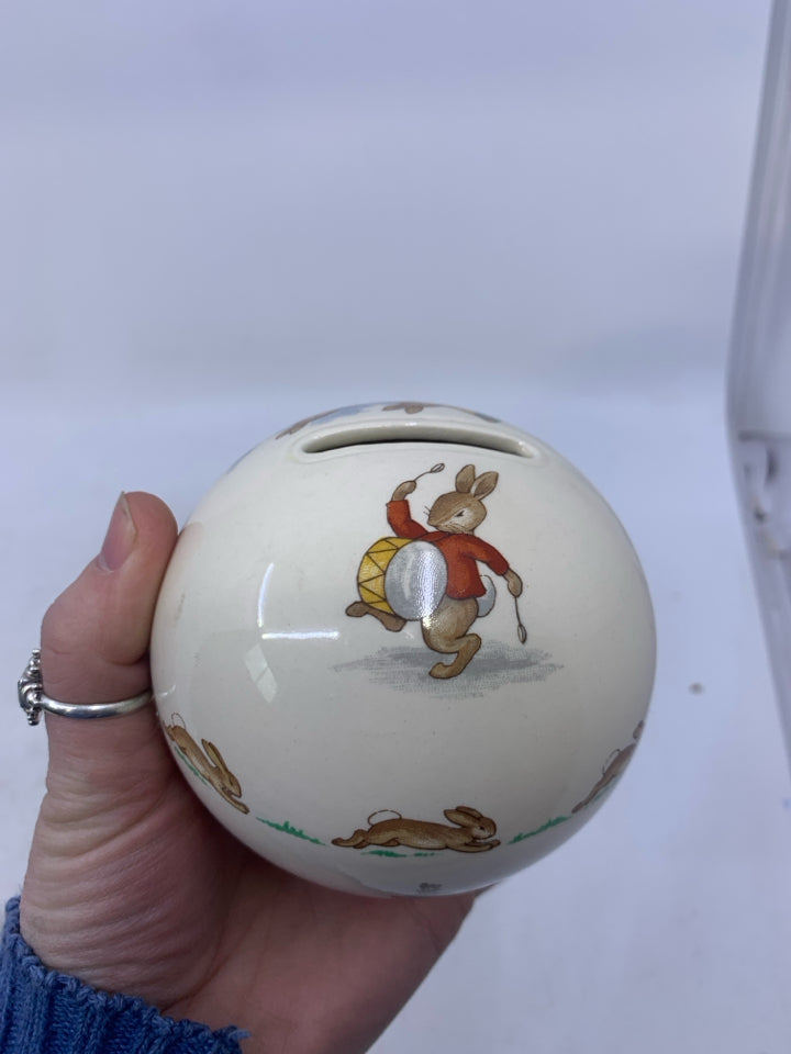 SMALL BUNNYKINS SPHERE IVORY COLORED VASE W/ BUNNIES TRYING TO WAKE UP FATHER FR