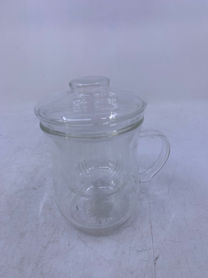 CLEAR GLASS MUG W/ INFUSER INSERT/LID.