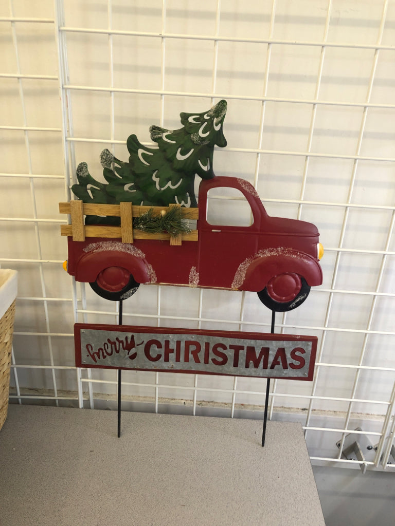 METAL RED TRUCK "MERRY CHRISTMAS" YARD STAKE SIGN.