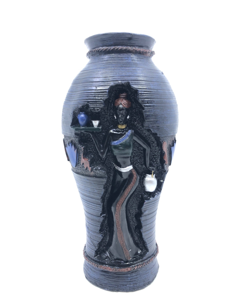 PLASTIC FAUX CARVED VASE W WOMAN HOLDING VASES.