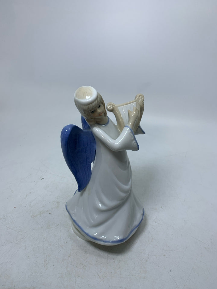 ANGEL PLAYING HARP MUSIC BOX BLUE WINGS.
