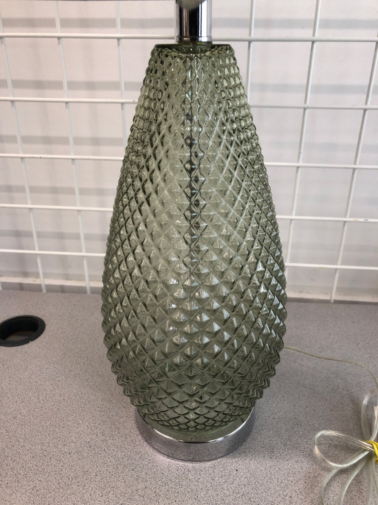GREEN TINTED DIAMOND PATTERNED GLASS BASE W/ WHITE SHADE LAMP.