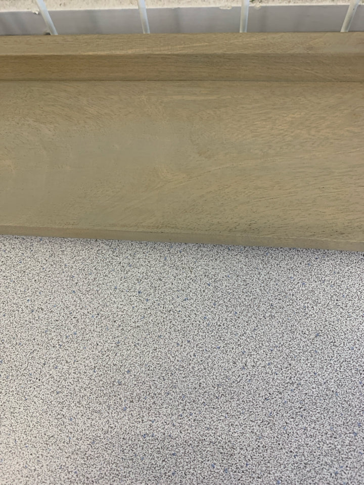 GREY WOOD SHELF W/BLACK METAL HANGER.