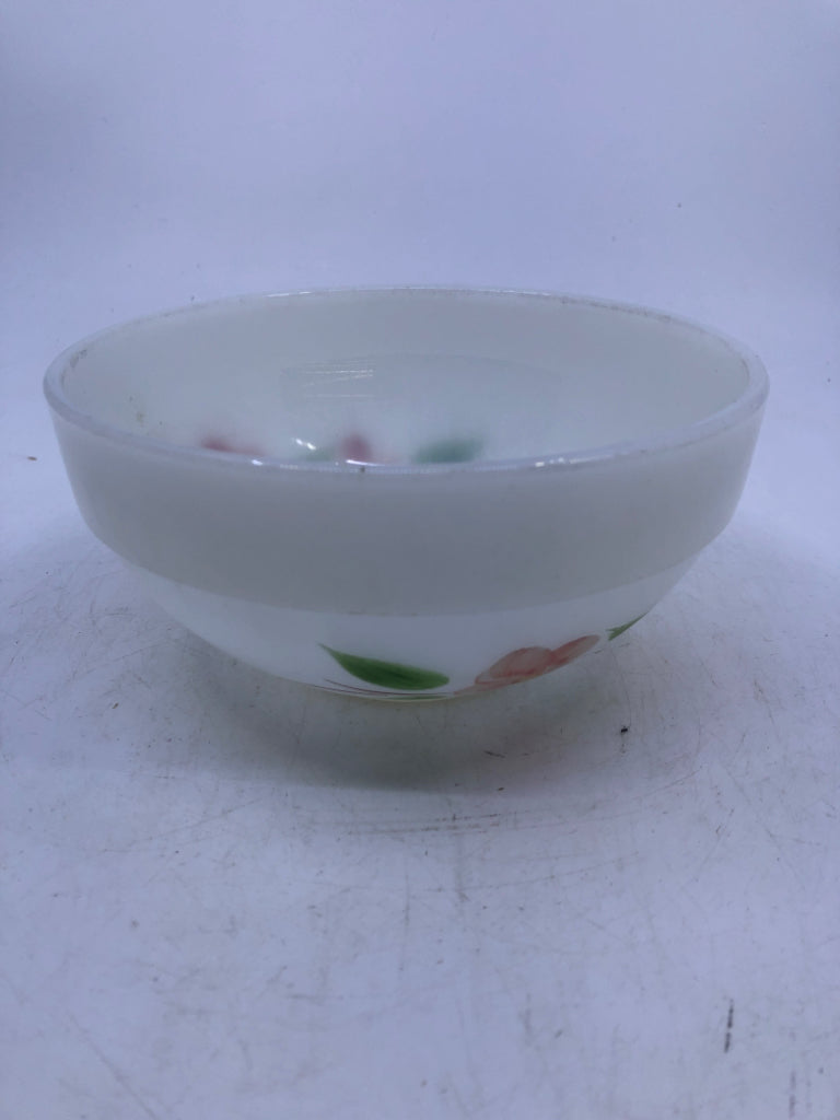 VTG WHITE FROSTED BOWL WITH PINK FLOWERS FIRE KING.