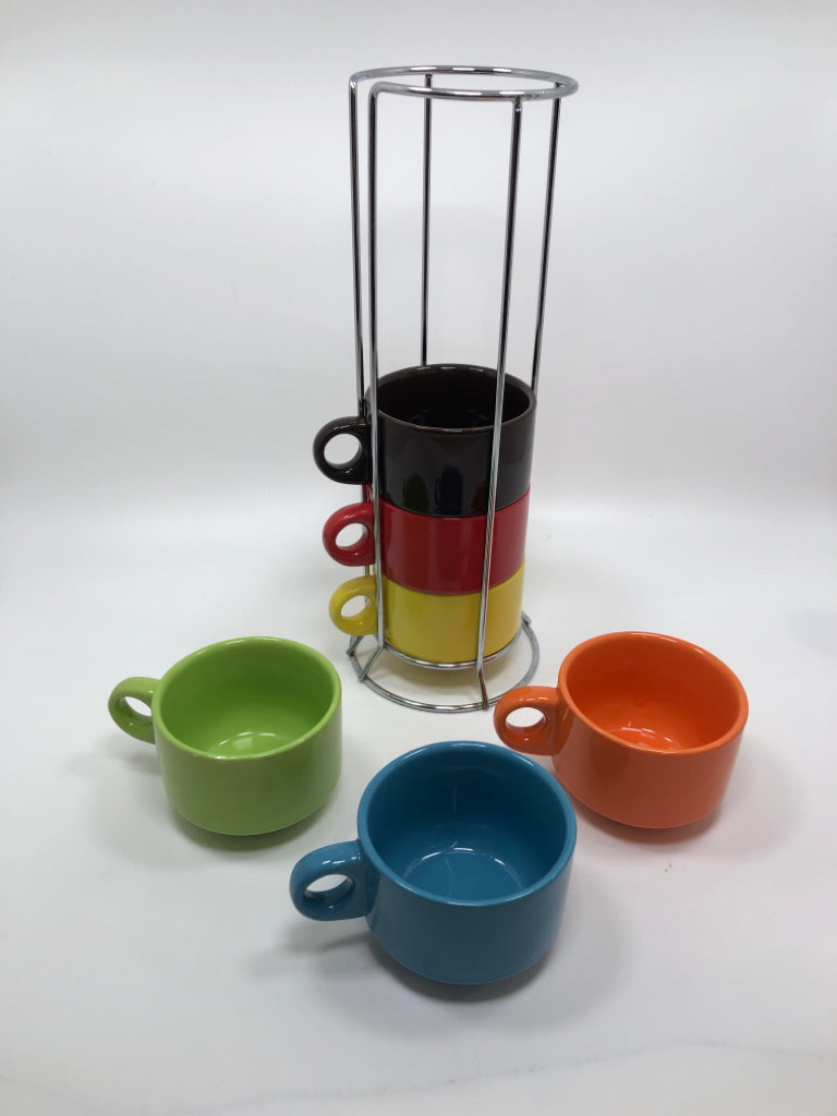 6 MULTI COLOR PIER 1 MUGS IN STAND.