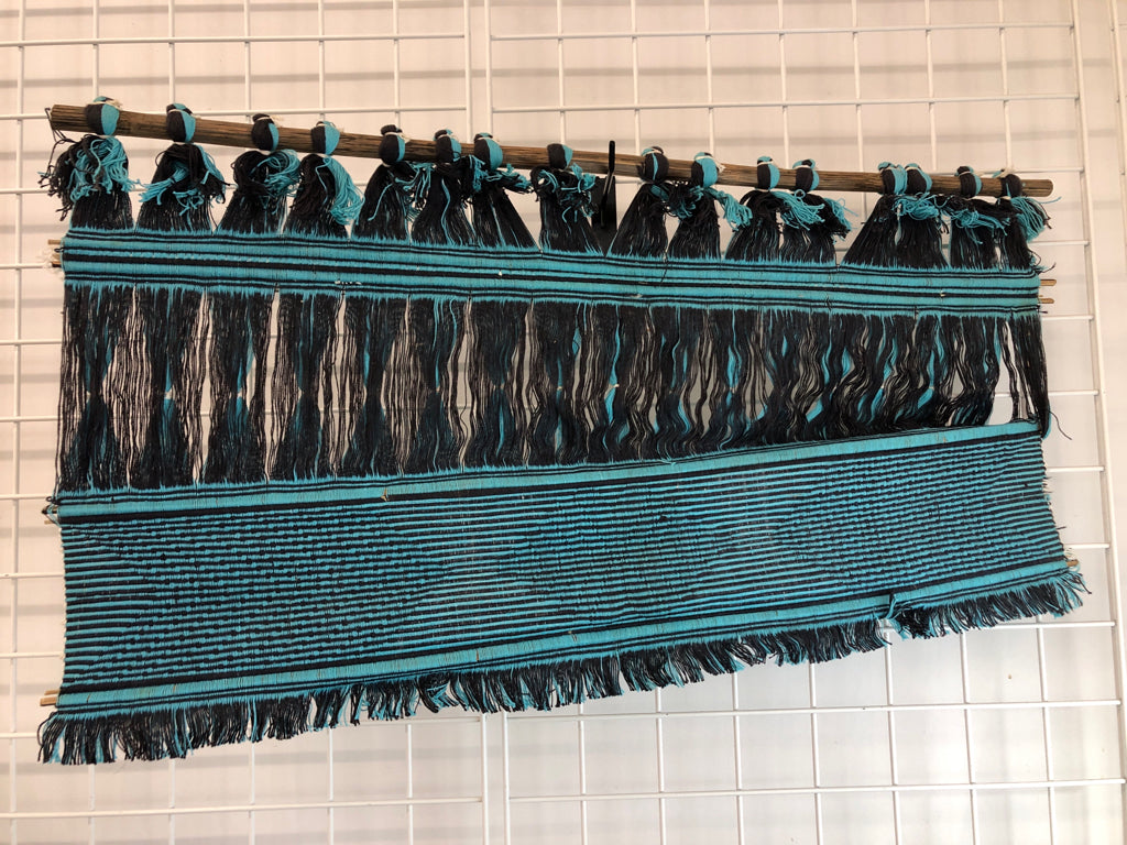 BLUE WOVEN TEXTILE TAPESTRY.