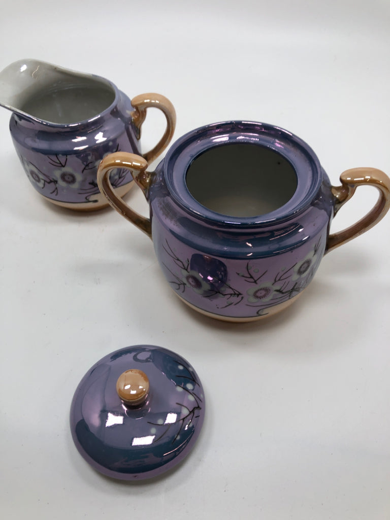 VTG BLUE & GOLD FLORAL CREAM & SUGAR SET.