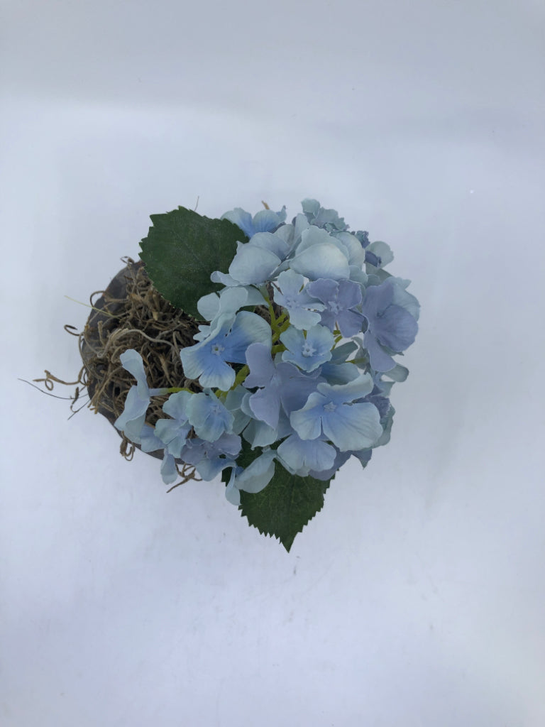 FAUX BLUE HYDRANGEAS IN GREY PLANTER.