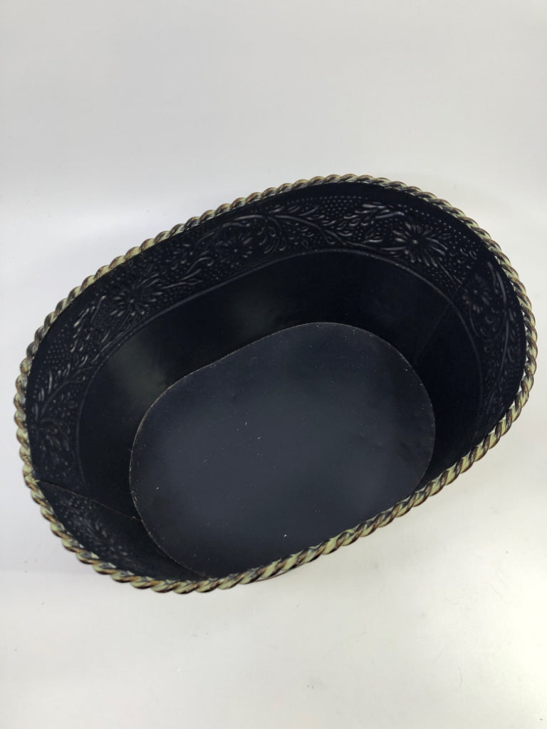 BLACK GAVANIZED BUCKET W/GREEN FLORAL TRIM.
