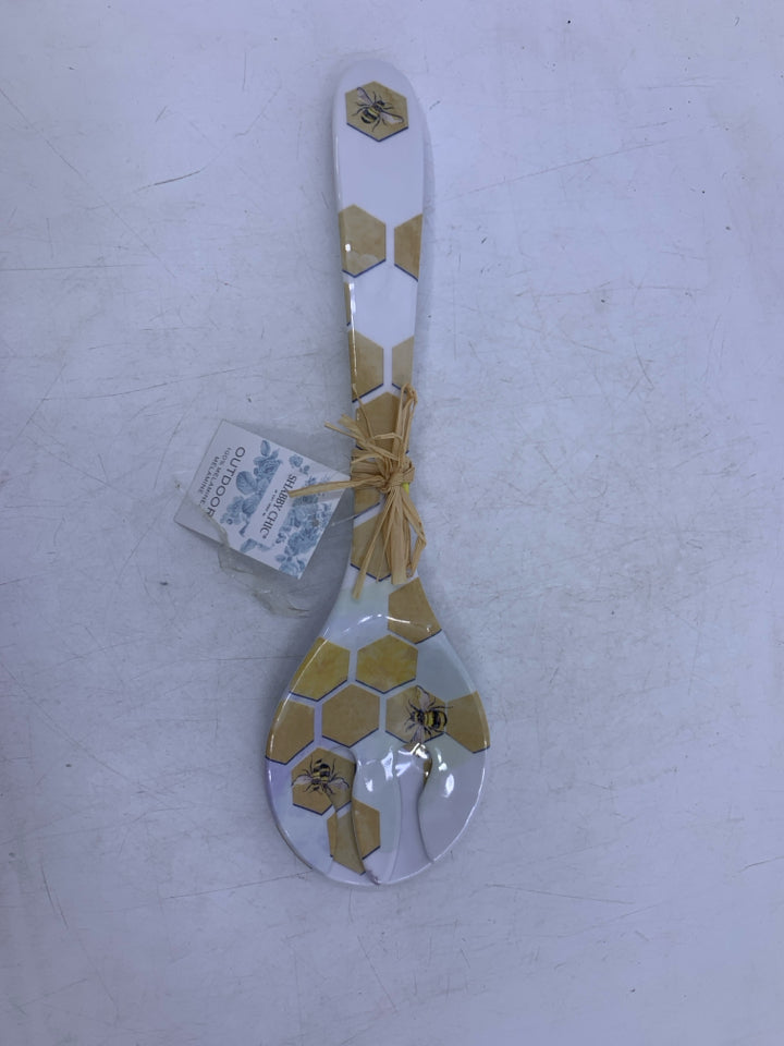 NEW BEES/HONEY COMB MELAMINE SALAD FORK/SPOON SHABBY CHIC.