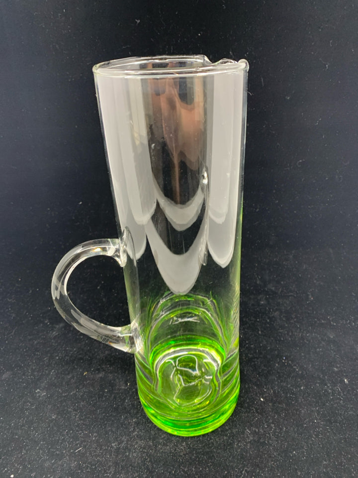 TALL CLEAR AND GREEN GLASS PITCHER W ICE LIP.