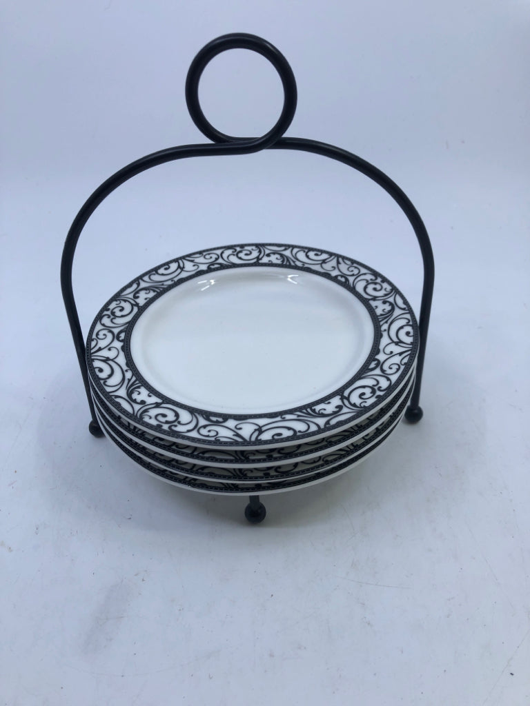 5pc APP PLATE SET WHITE W/ BLACK SCROLL DESIGN EDGE BLACK METAL STAND.