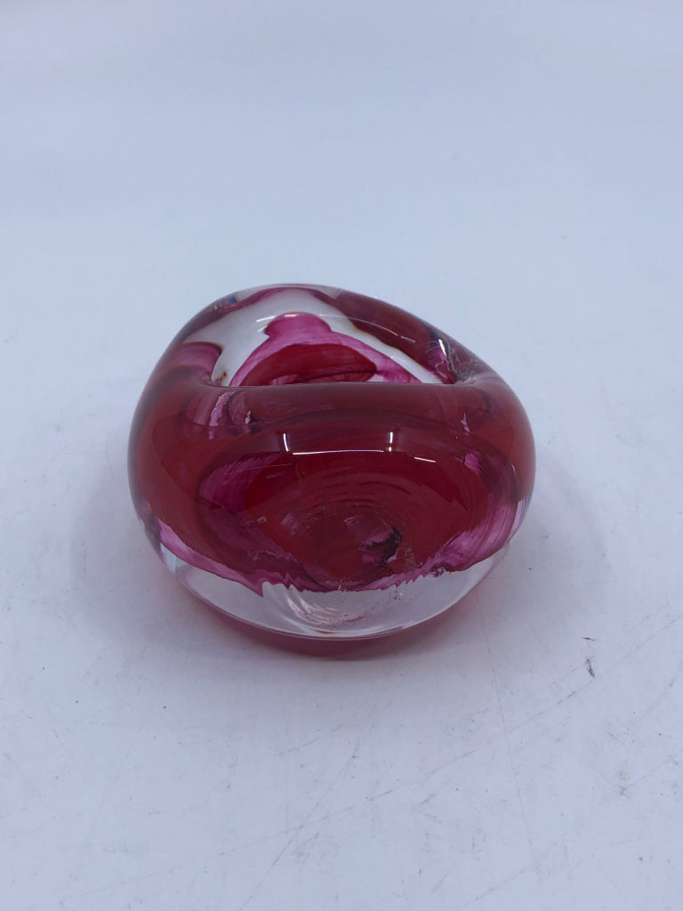 RED/ PINK GLASS PAPER WEIGHT.