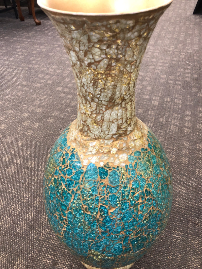 TEAL/GOLD MOSAIC TILE LARGE VASE.