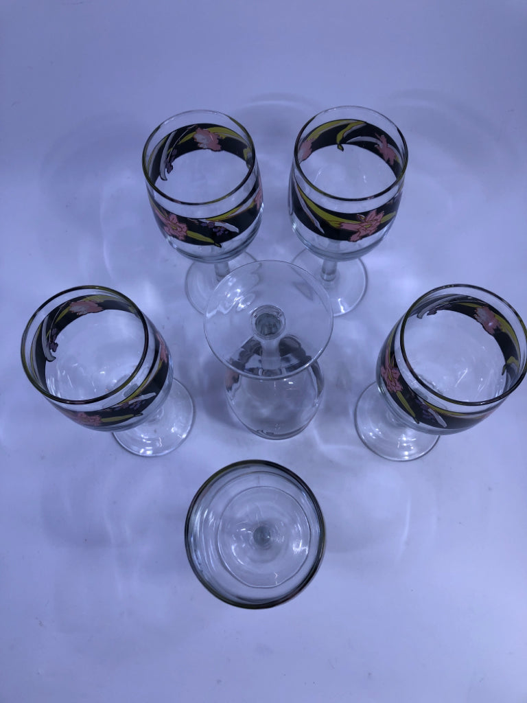 6 VTG WINE GLASS PINK/BLACK FLORAL.