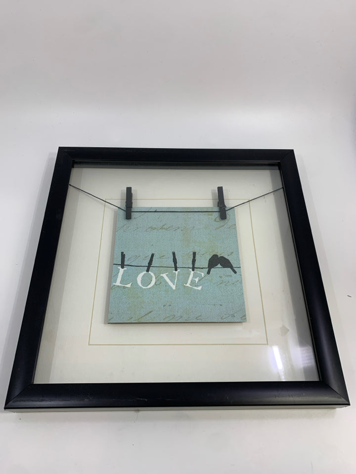 FRAMED BIRD ON CLOTHESLINE LOVE IN SHADOW BOX.