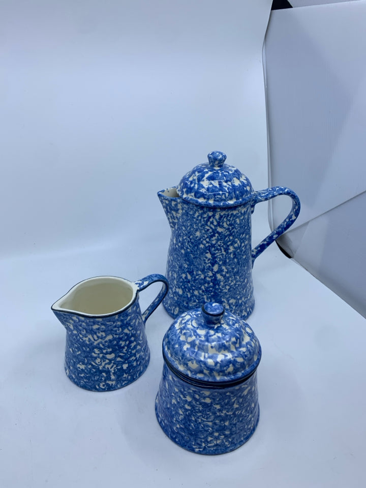 3pc SPONGED BLUE COFFEE POT,  CREAMER AND SUGAR.