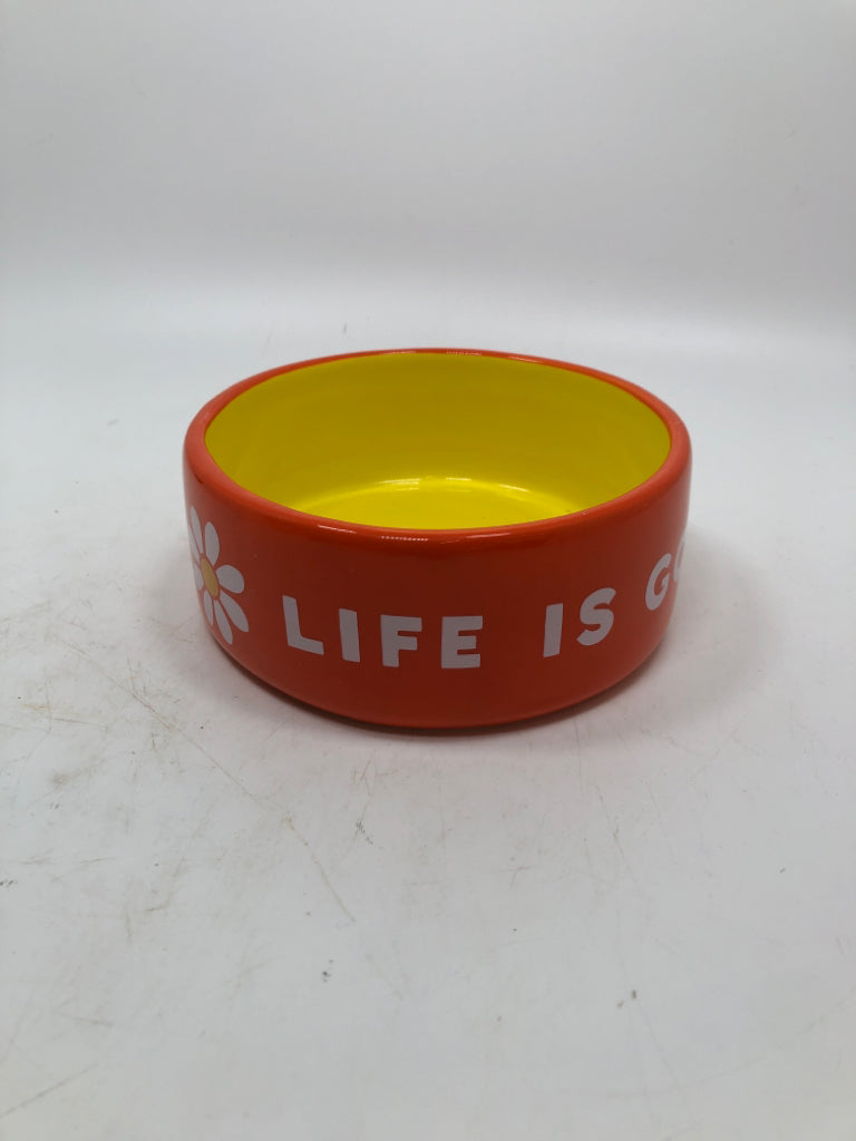 LIFE IS GOOD ORANGE/YELLOW PET FOOD BOWL.
