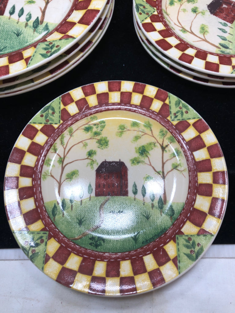 8pc PRIMITIVE CHECKERED THOMSON POTTERY DISH SET.