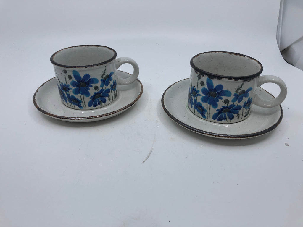 2 VTG BLUE FLORAL MUGS + SAUCERS.