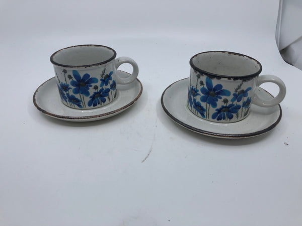 2 VTG BLUE FLORAL MUGS + SAUCERS.