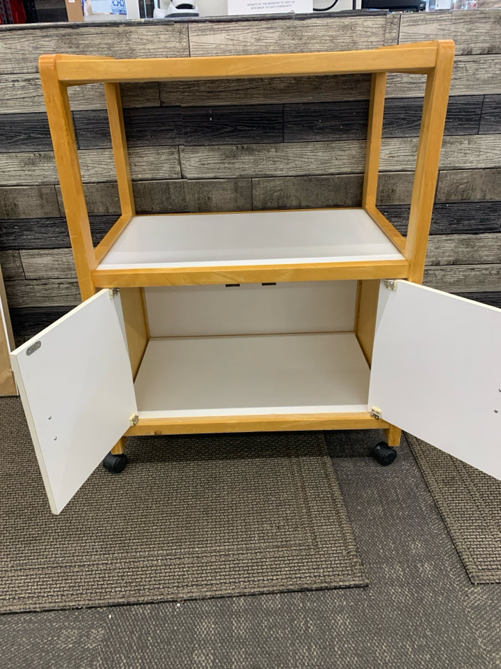 ROLLING KITCHEN CART BLONDE WOOD & WHITE W/TILE COUNTER TOP & 2 DOORS.