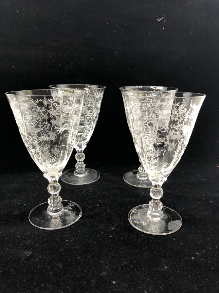 4 ETCHED FOOTED WINE GLASSES.