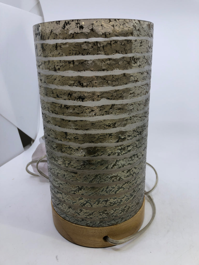 SILVER GLASS LAMP W/WOOD BASE.