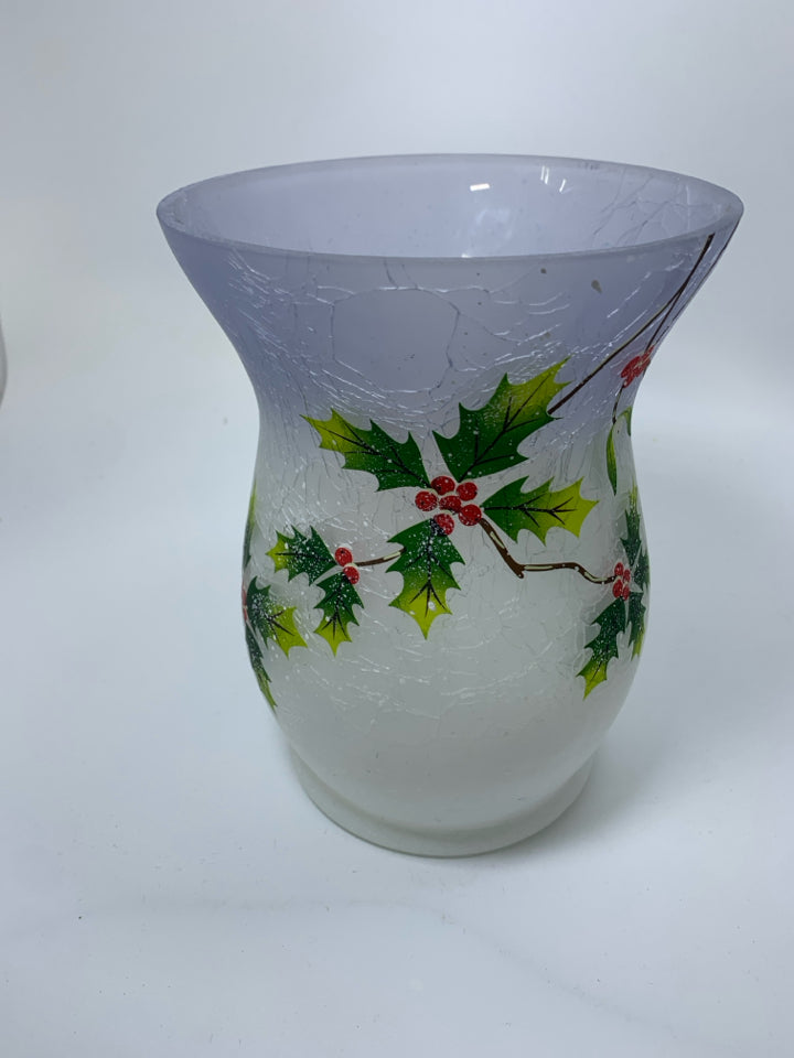 HURRICANE CRACKLE GLASS FROSTED CANDLE HOLDER W/ PAINTED CARDINALS YANKEE CANDLE