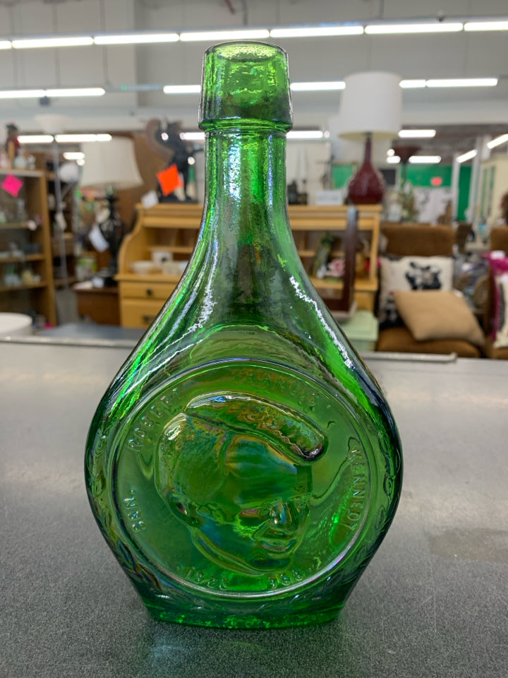 VTG GREEN IRIDESCENT GLASS EMPTY BOTTLE-ROBERT KENNEDY.