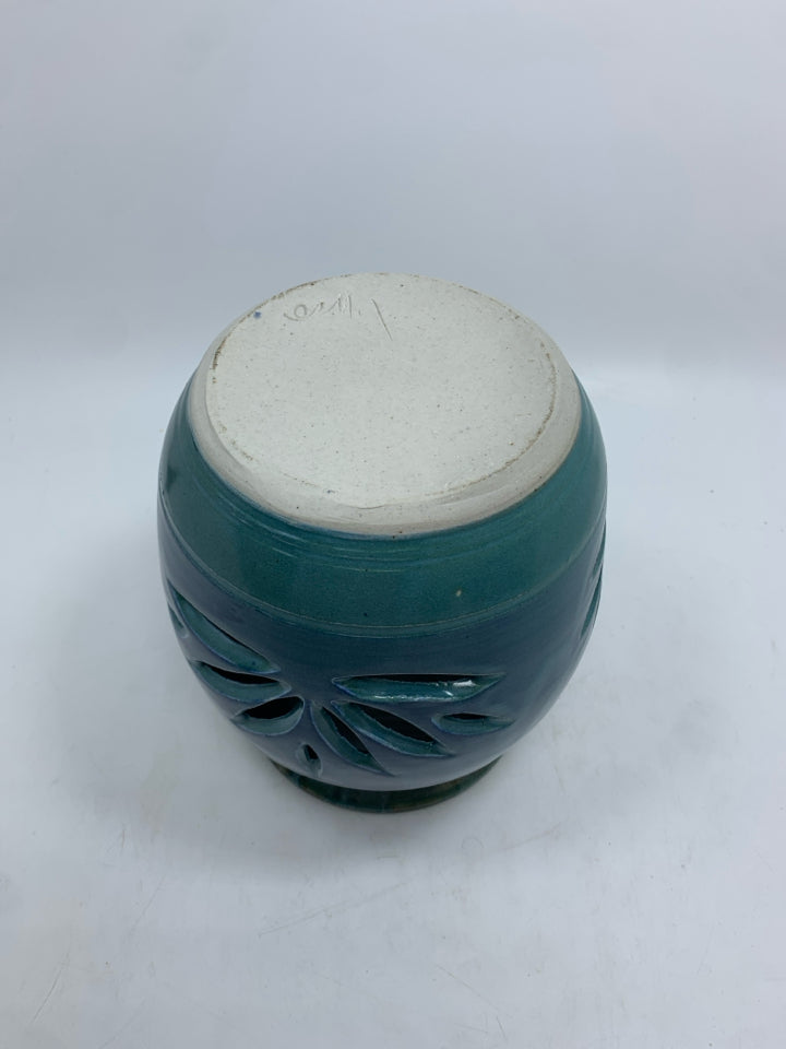 LEAF CUT-OUT BLUE GLAZED CANDLE HOLDER.