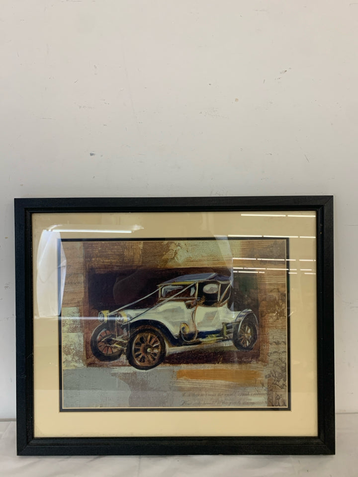 OLD VTG WHITE CAR PRINT WALL HANGING IN BLACK FRAME.