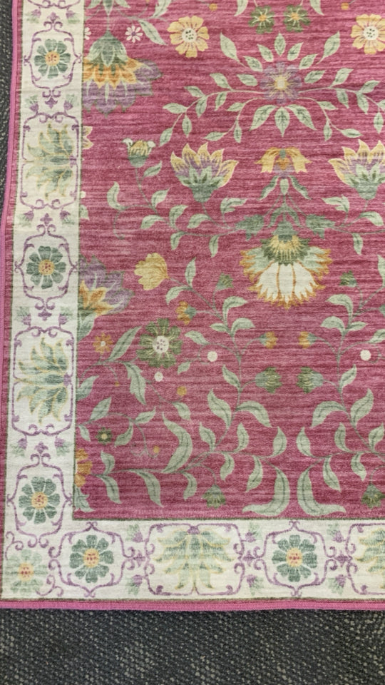 PINK W/ GREEN FLOWERS RUG RUNNER WASHABLE.