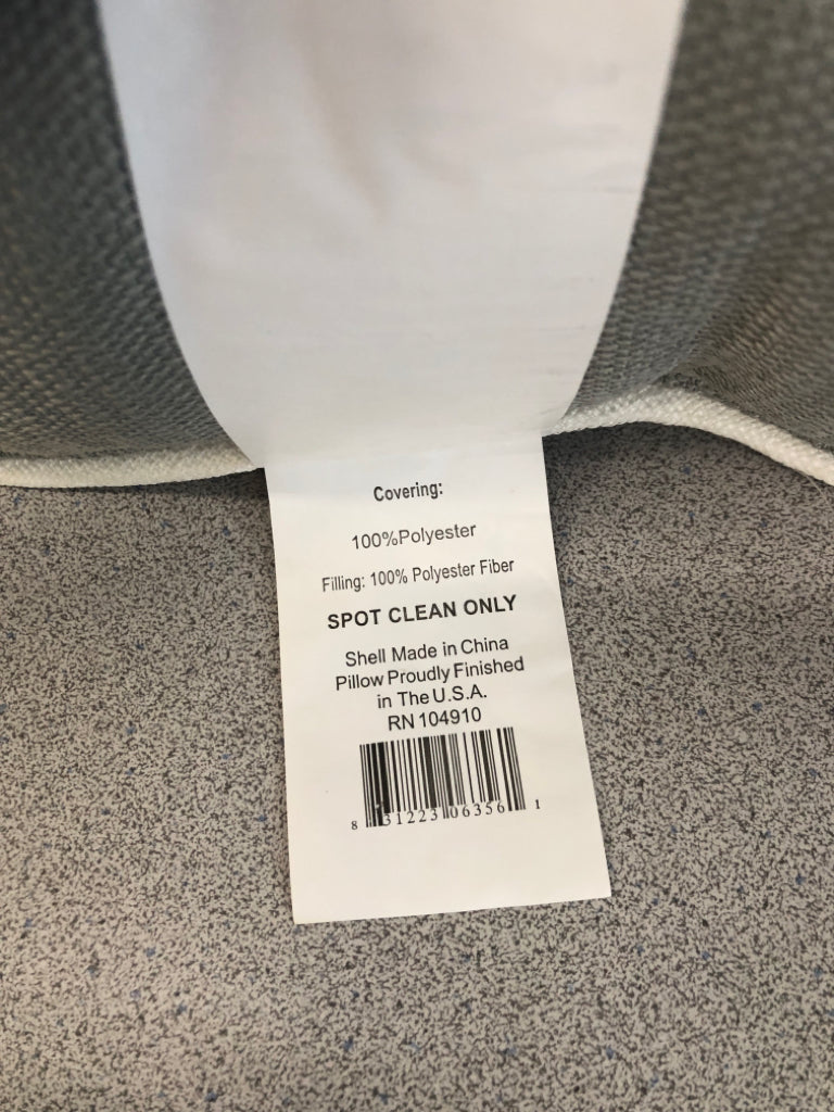GRAY PILLOW W/WHITE TRIM.