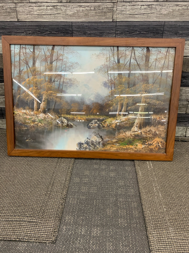 WOODLAND LANDSCAPE PRINT IN WOOD FRAME.