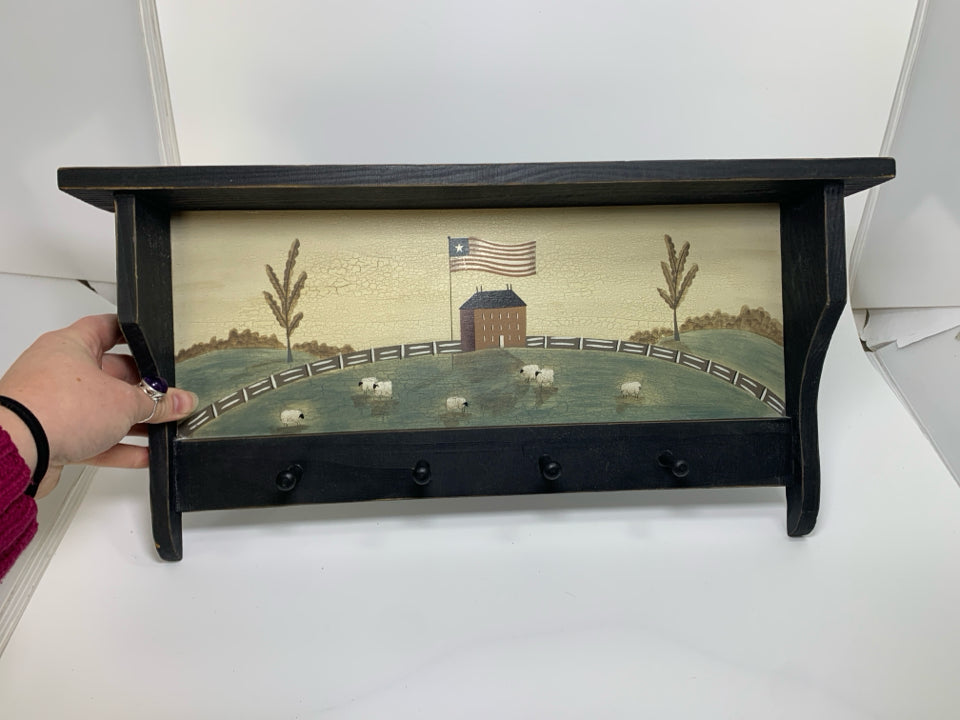 HOUSE W/ SHEEP BLACK HOOK WALL HANGING.