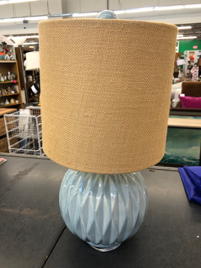 ROUND TEAL LAMP W TAN SHADE.