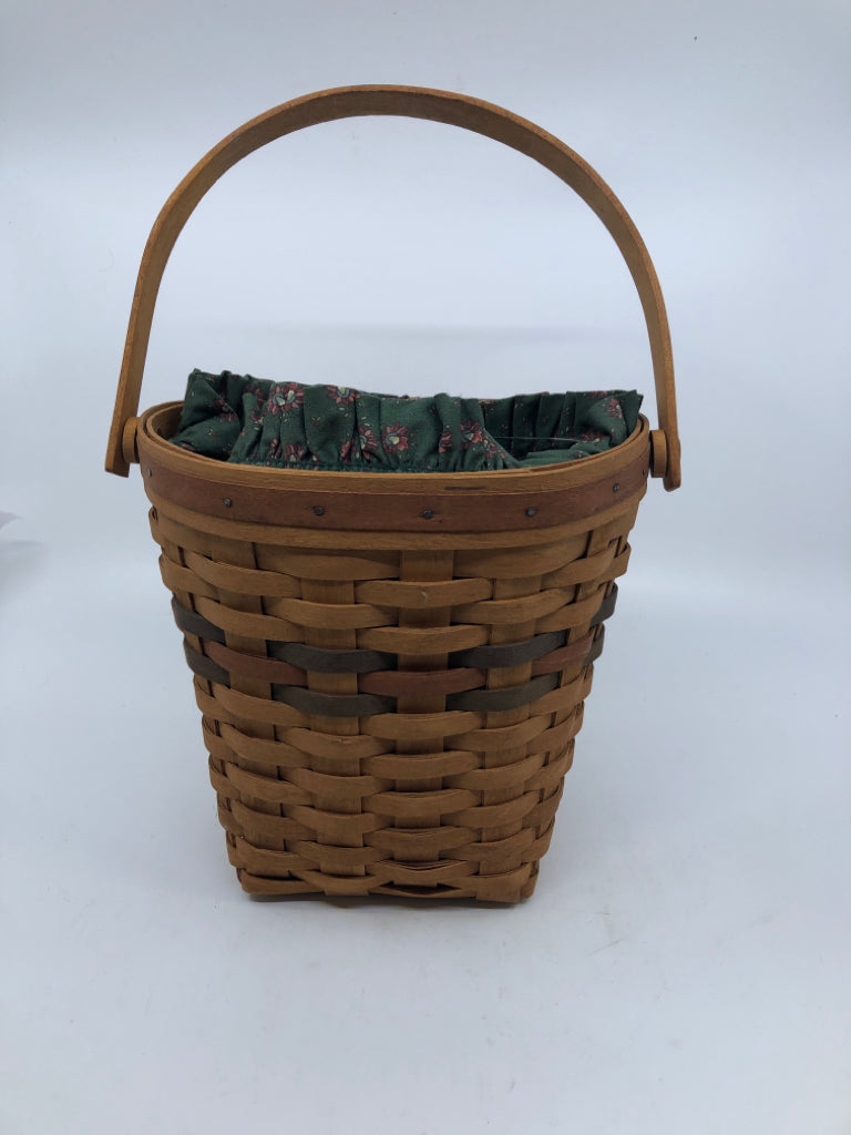 1993 HALF ROUND BASKET W/GREEN LINER, PROTECTOR, SWING HANDLE.