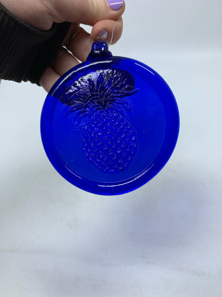 COBALT BLUE GLASS CIRCLE EMBOSSED PINEAPPLE.