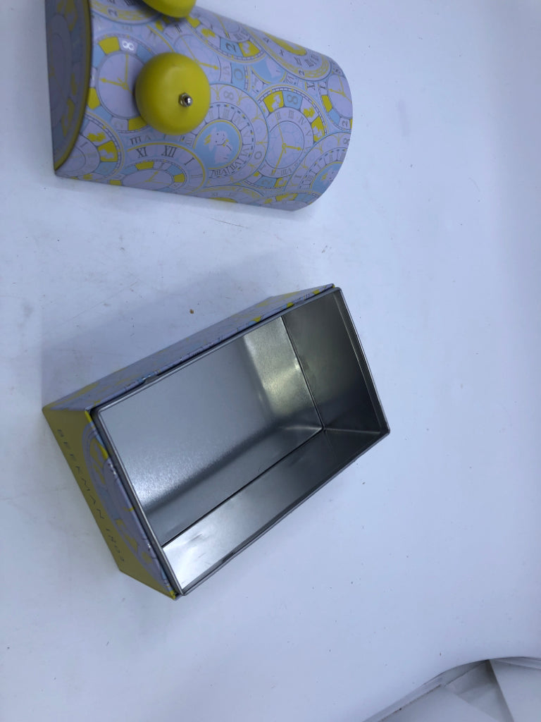 TIN STORAGE CONTAINER WITH LID YELLOW CLOCK.