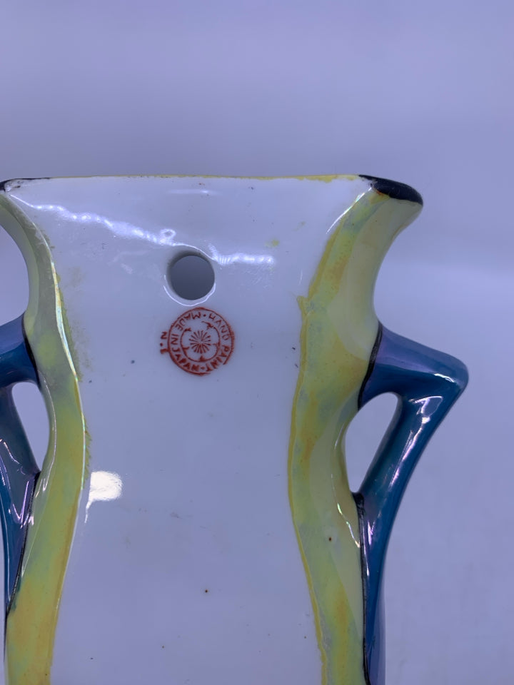 YELLOW/BLUE IRIDESCENT WALL VASE W/ PINK FLOWERS & BUTTERFLY.