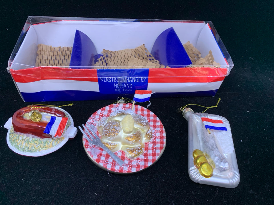 3 GLASS PASTRY ORNAMENTS FROM HOLLAND.