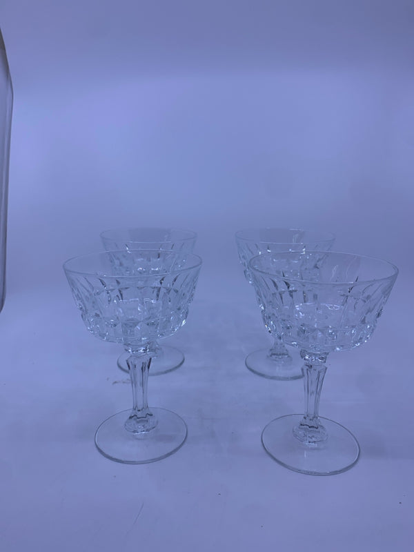 4 CUT GLASS COUPE WINE GLASSES.