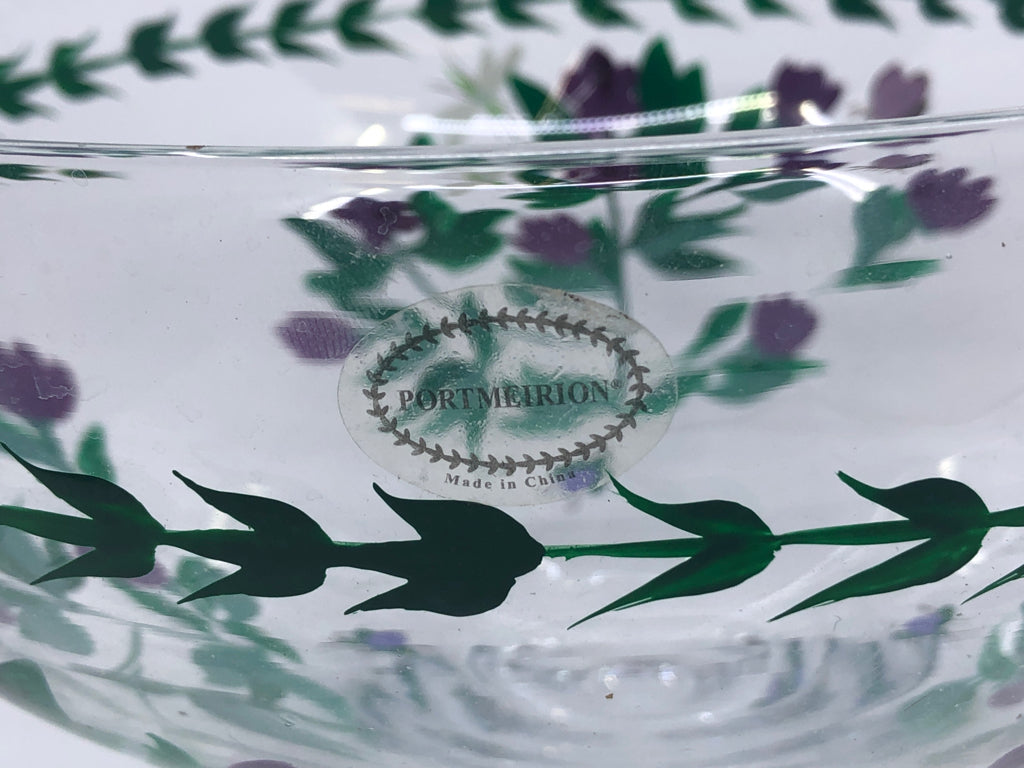 FOOTED SERVING BOWL W/ PAINTED PURPLE FLOWERS+DRAGONFLY.