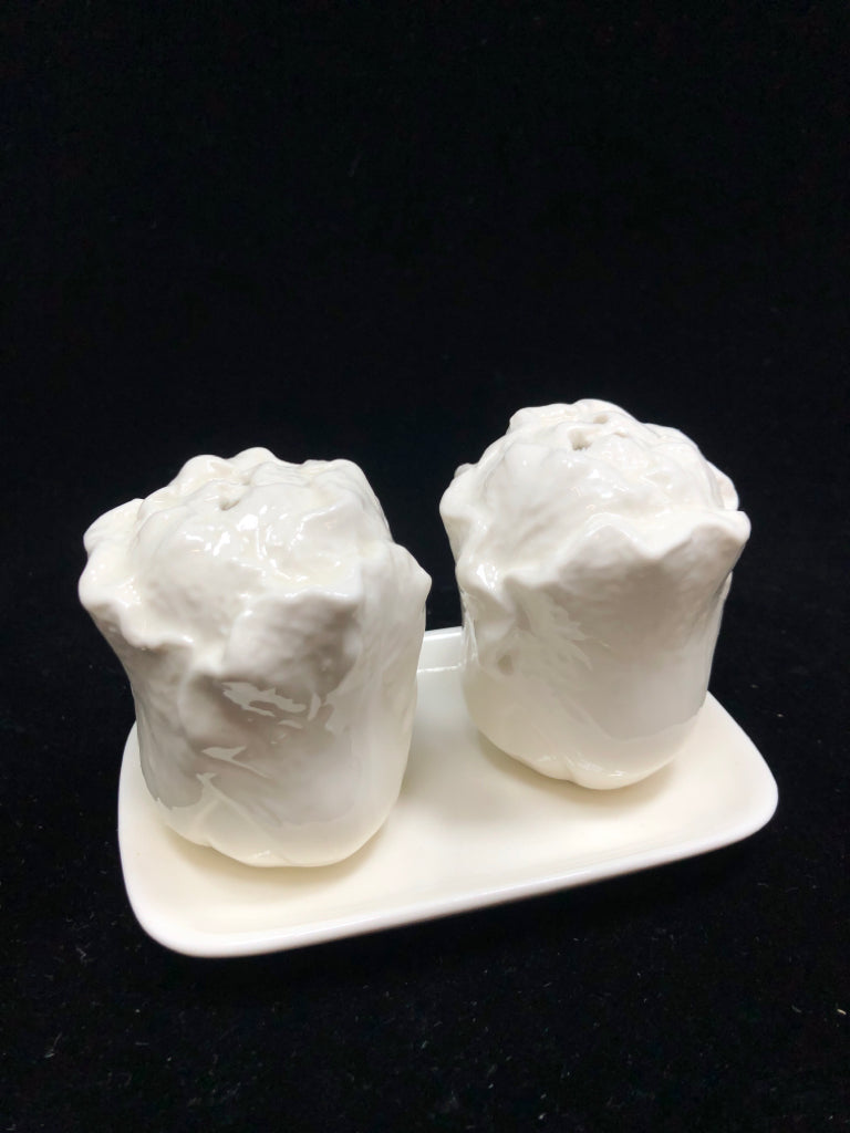 3PC CABBAGE SALT AND PEPPER SET ON TRAY.