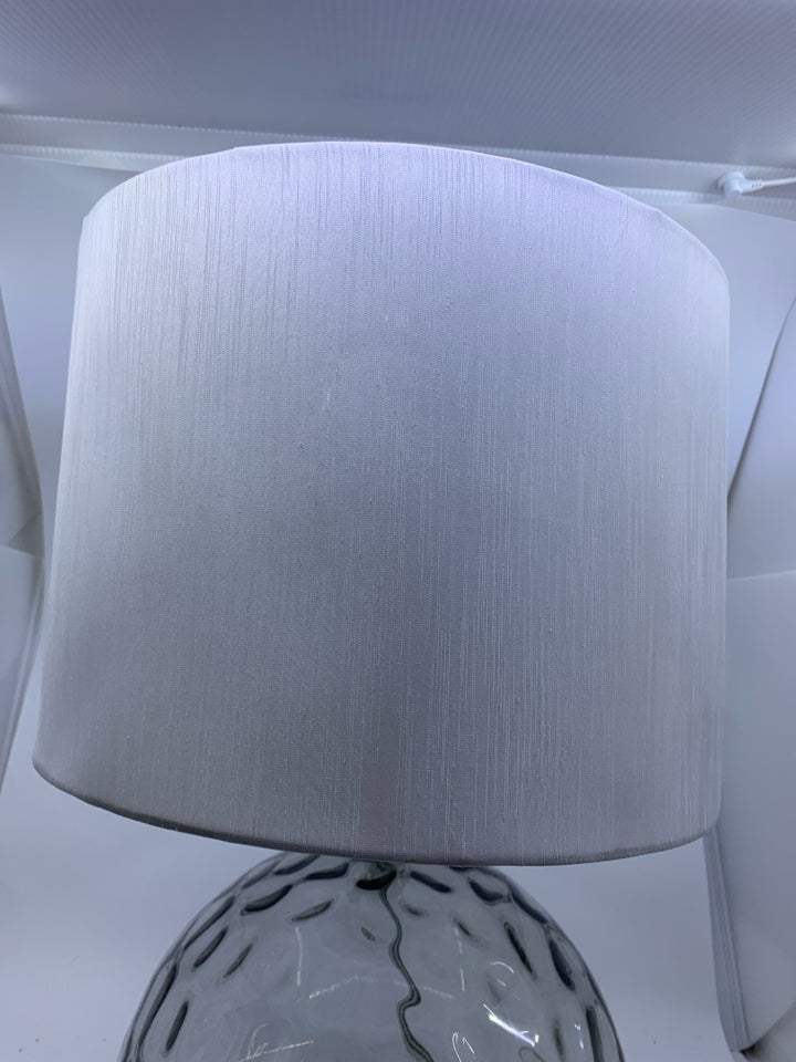 GLASS BALL LAMP W WHITE SILK SHADE.